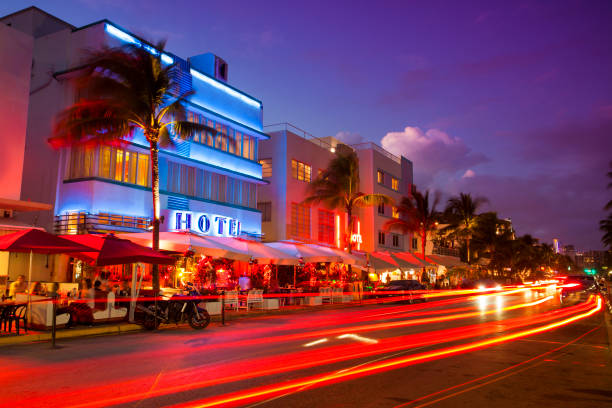 Nightlife on the art deco district of South Beach in Florida USA